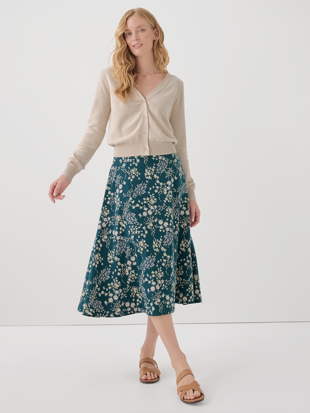 ‼️EUC: Pact Organic Teal Floral Fit & Flare Midi Skirt - XL
